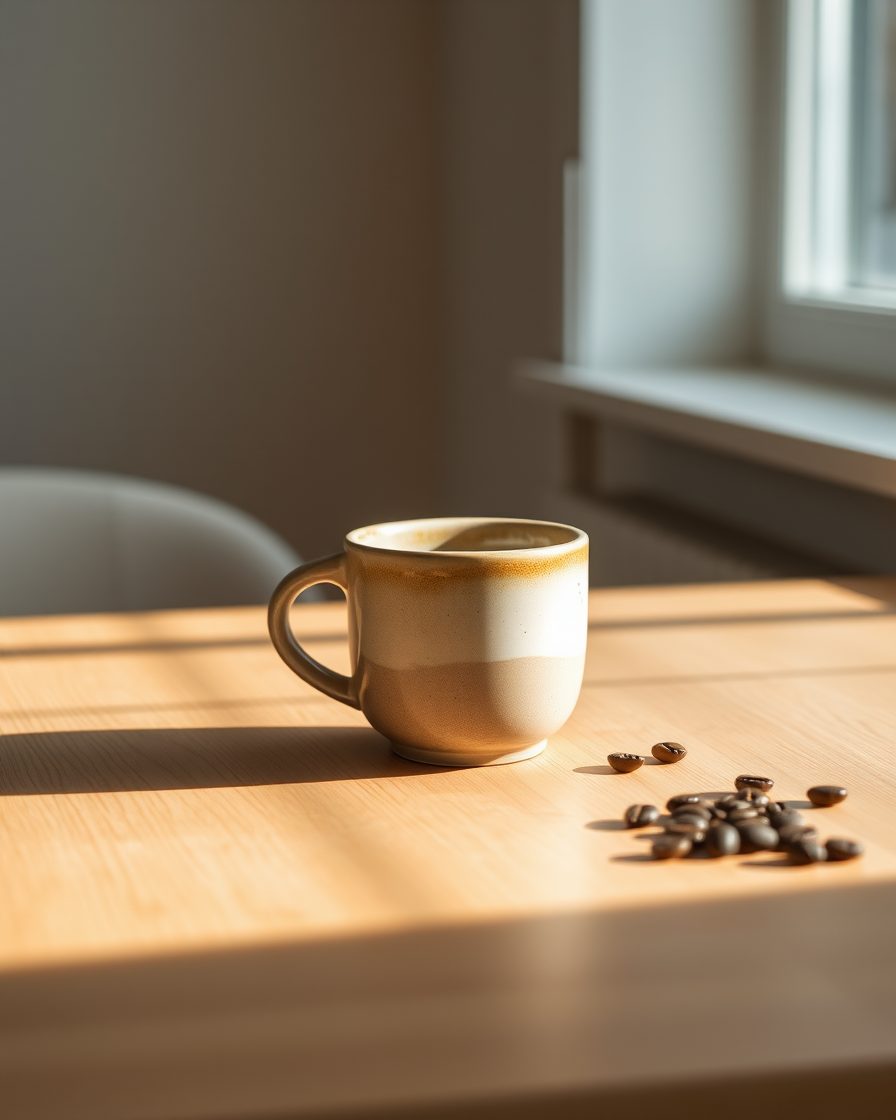 成品示例：手作陶瓷咖啡杯在晨光中的商品场景图