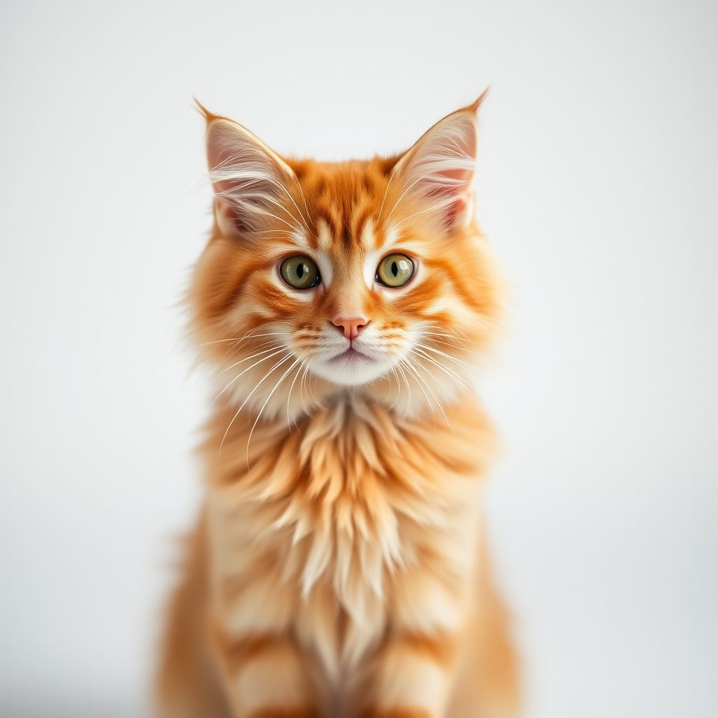 生成示例：橘猫棚拍写真，柔和主光与干净背景